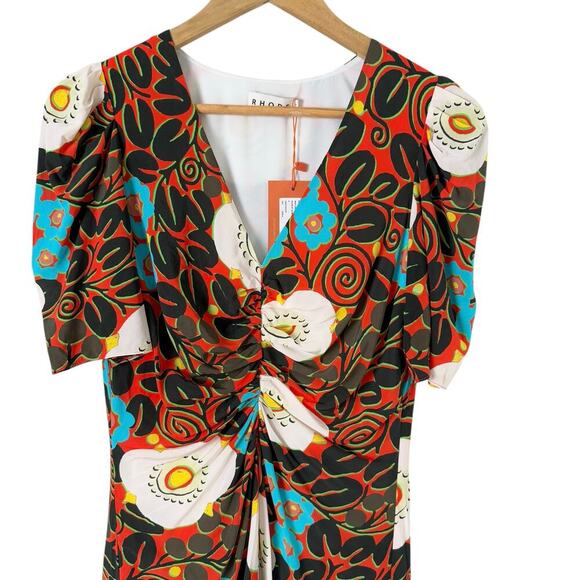 NWT‎ Rhode Maci Floral Print Midi Dress Orange Black Cream Blue, Size 0 - Picture 5 of 13